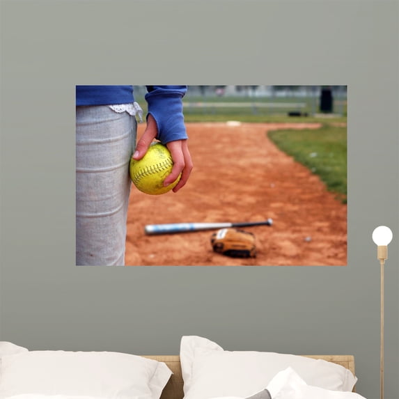 Girl and Her Softball Wall Mural by Wallmonkeys Peel and Stick Graphic (36 in W x 24 in H) WM176204