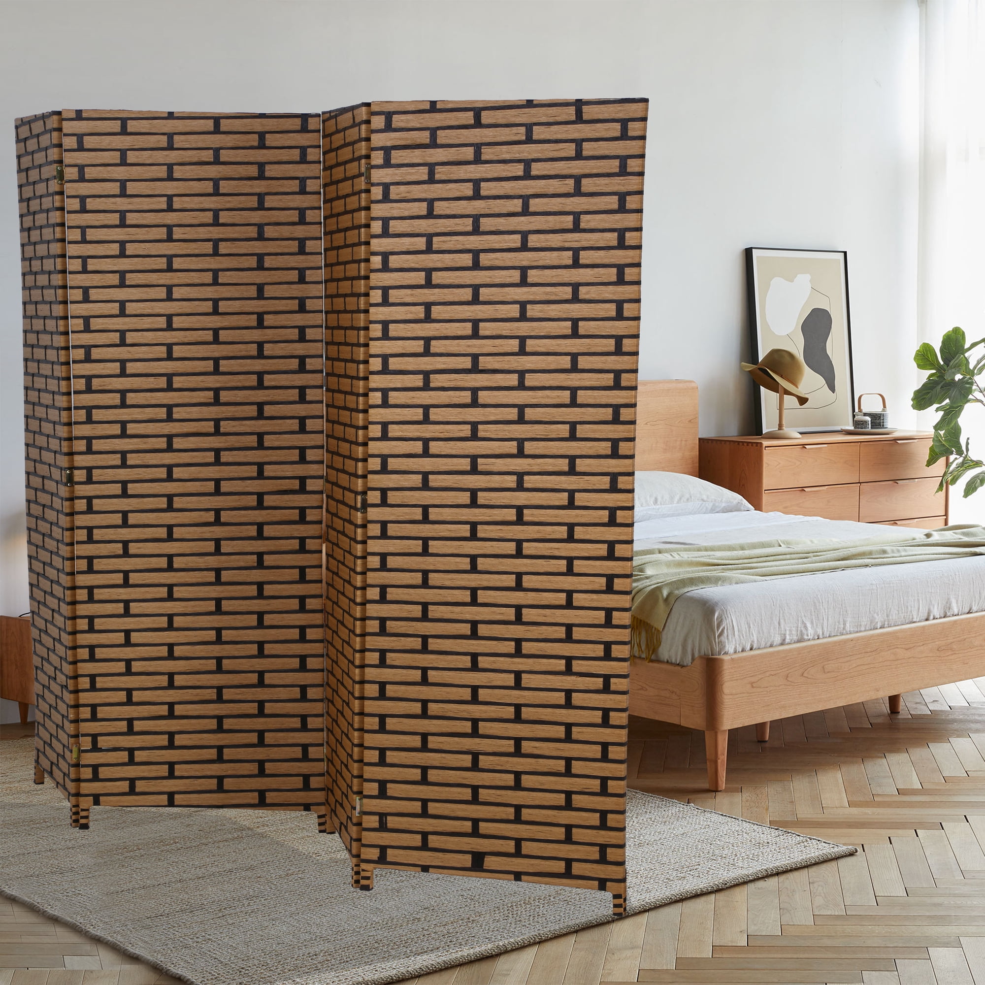 CL.HPAHKL 4 Panels Room Divider and Folding Privacy Screen, 6 ft Tall Wood Mesh Hand-Woven Design Wall Divider, Partition Room Dividers for Home Office Restaurant Bedroom