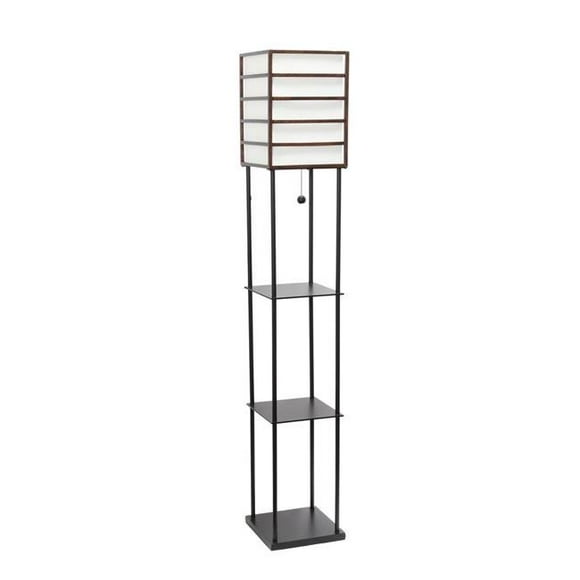 Lalia Home 1 Light Metal Etagere Floor Lamp with Storage Shelves and Linen Shade, Dark Wood
