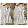 thumbnail image 6 of Women's Cool Glossy Imitation Silk Sleep Slip Dress, Delicate Lace Trim Cowl Neck Side Split Backless Spaghetti Strap Mini Nightgown White M(M), 6 of 7