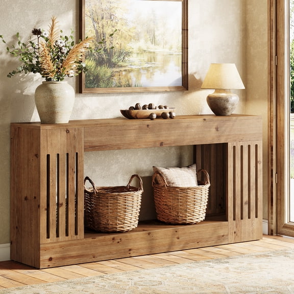 63-Inch Farmhouse Sofa Table, Solid Wood Console Table with 2-Tier Storage Shelf for Entryway, Hallway, or Living Room