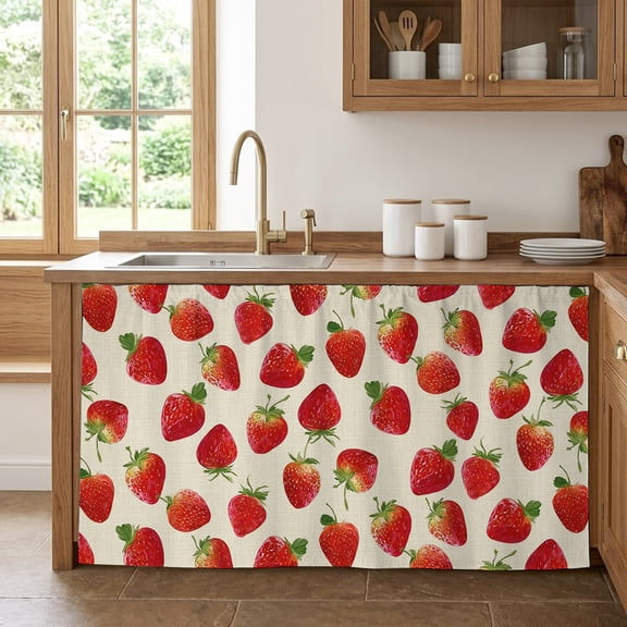 Farmhouse Strawberry Cabinet Curtains for Kitchen 32"W x 55"L, Red Berry Rustic Country Linen Texture Pantry Curtain Skirt Magic Tape Short Curtains Decor Privacy Panel for Utility Closet Bathroom