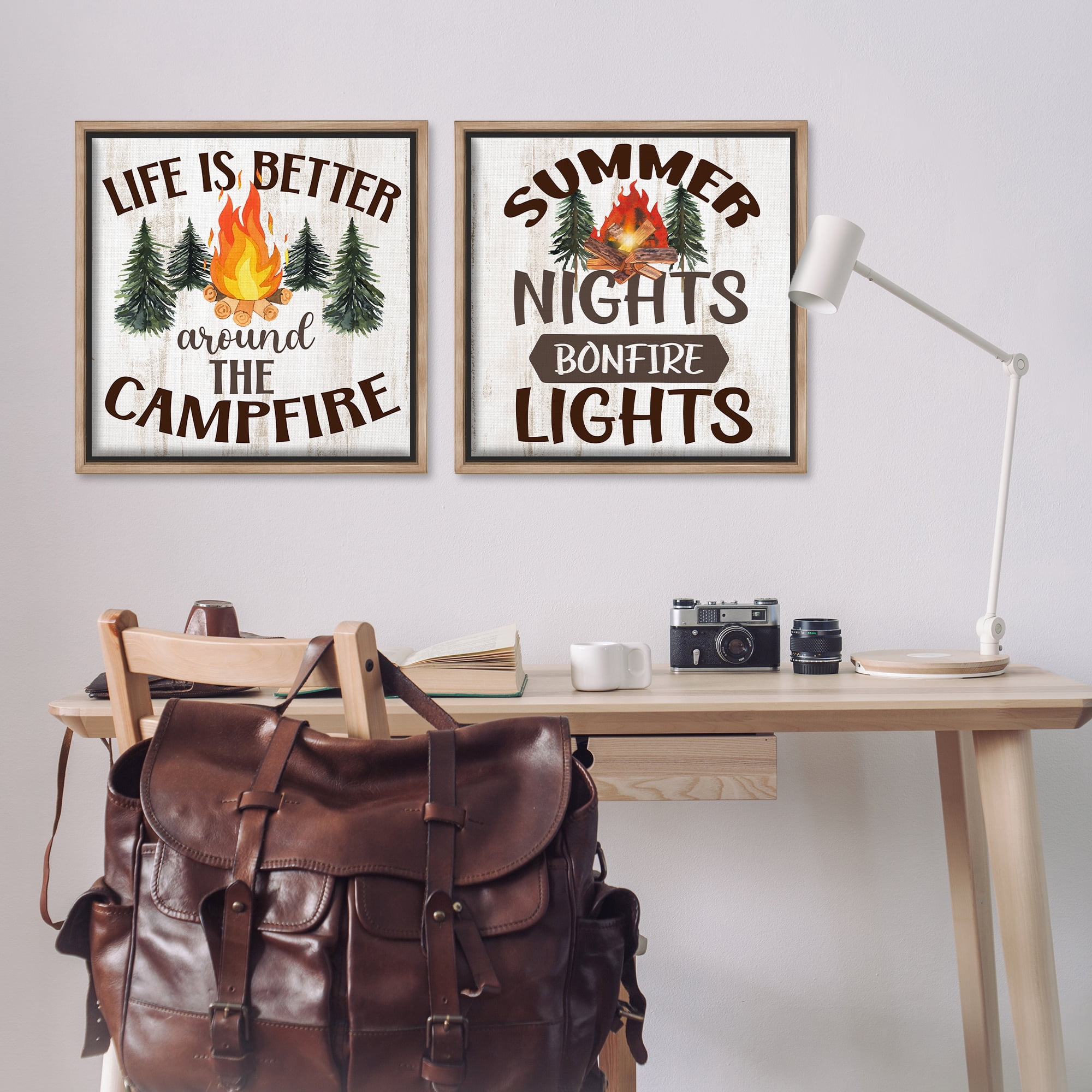Stupell Industries Summer Nights Campfire Text & Numbers Painting Brown Floater Framed Canvas Art Print Wall Art, 25 x 25, Set of 2