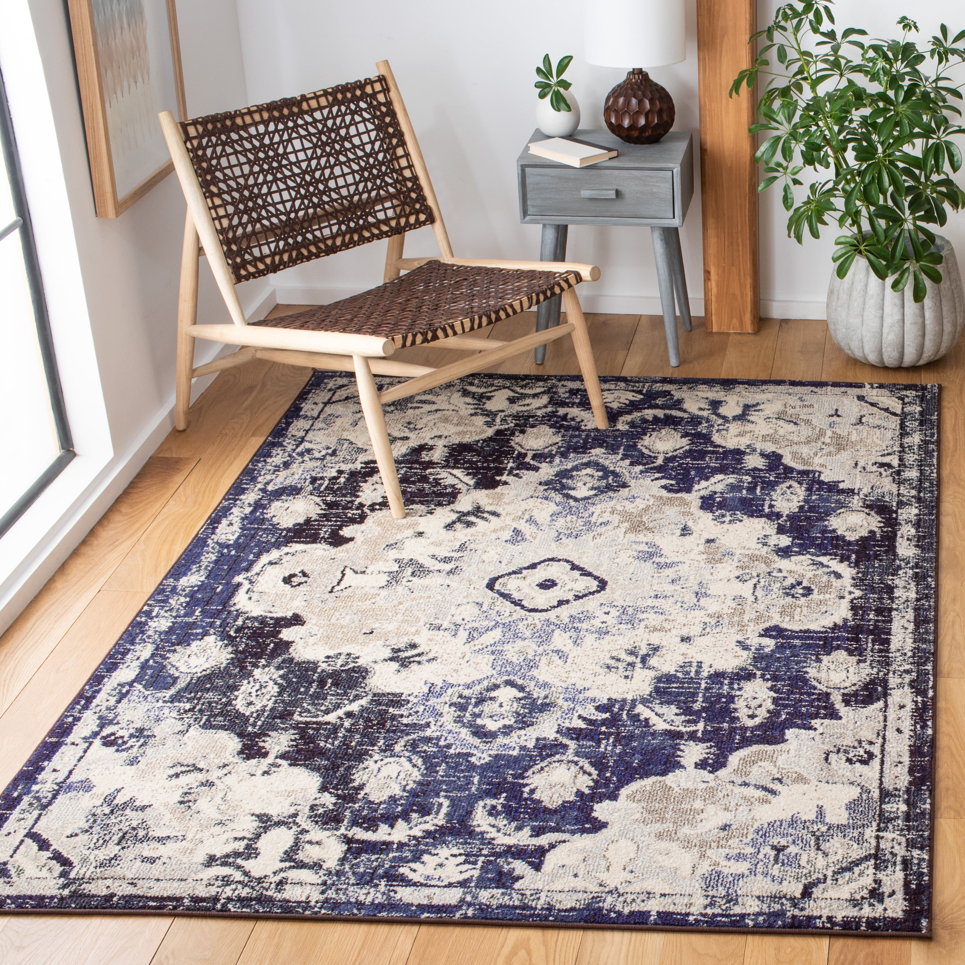 SAFAVIEH Madison Elinor Traditional Distressed Area Rug, Black Purple/Beige, 6'7" x 6'7" Square