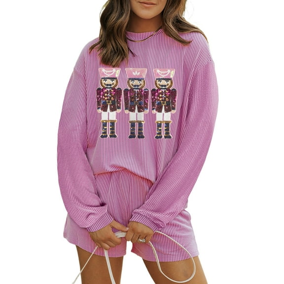 Women's Phalaenopsis Sequin Nutcracker Long Sleeve Corded Christmas Shorts Set | [ZhiHiMeRi] | (US 20-22)2XL