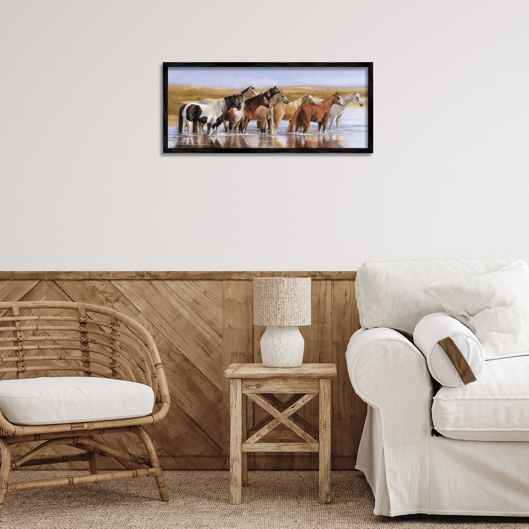 Stupell Industries Horse Herd in River Animals & Insects Painting Black Framed Art Print Wall Art, 24 x 10