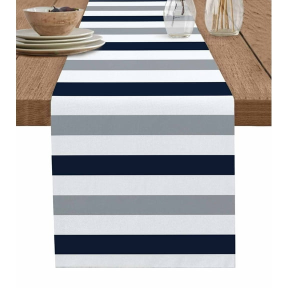 Navy Blue Gray Striped Burlap Cotton Table Runner 16x72 Inches Long, Farmhouse Stripe Art Farmhouse Table Runners, Outdoor Dining Tablecloths Decor for Baby Shower/Party/Wedding