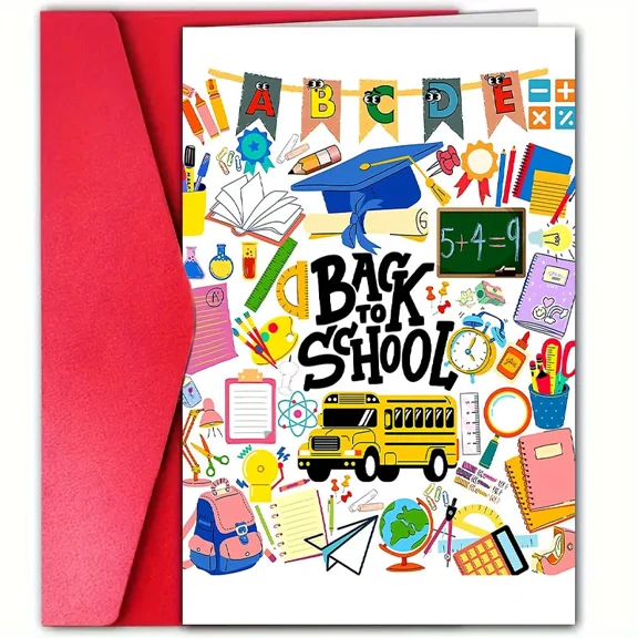 Back to School Greeting Card - Colorful School Supplies and Graduation Cap Design - Blank Inside, Envelope Included - Perfect for Students, Teachers, and Academic Celebrations
