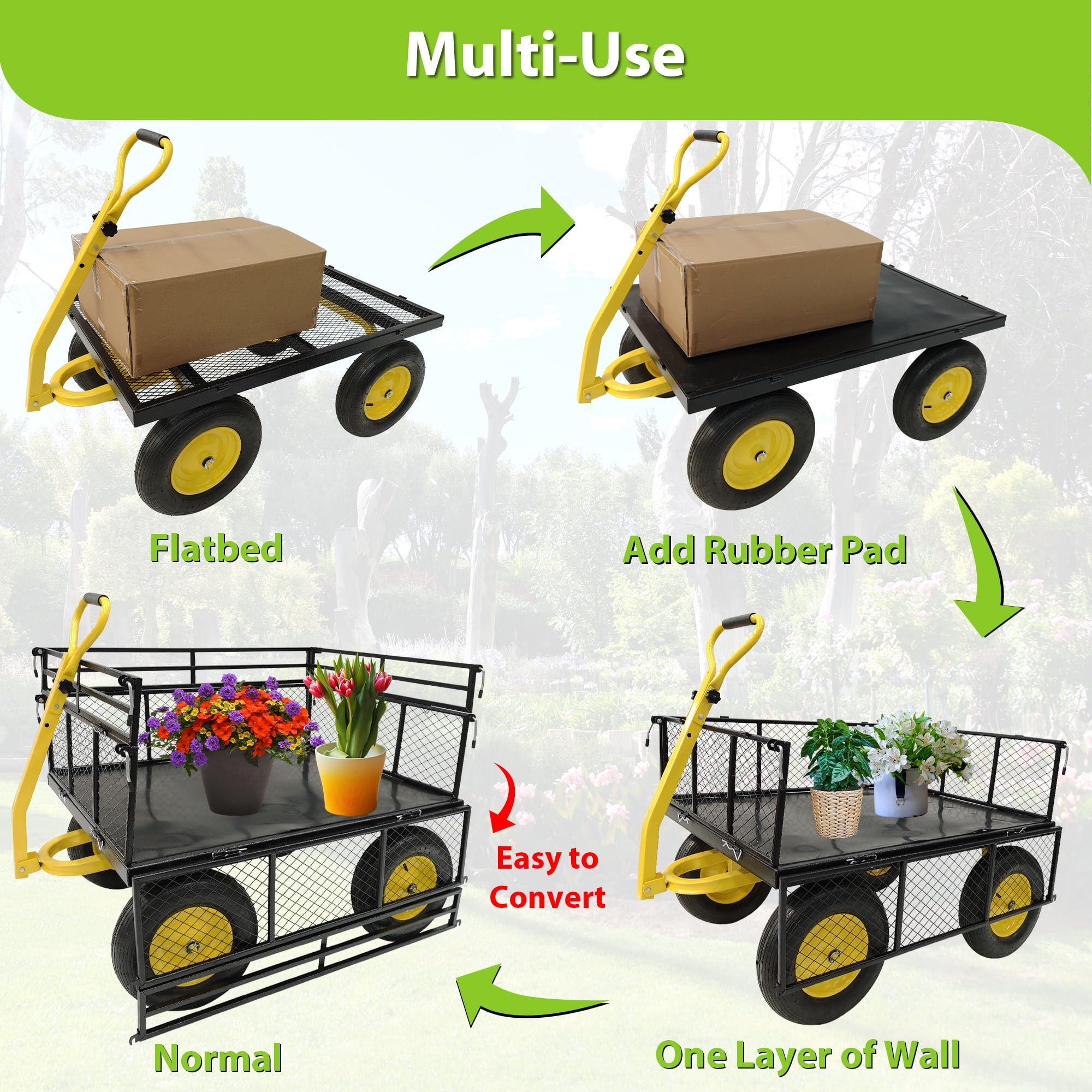 Heavy Duty Steel Garden Cart, 1400 lbs Capacity Utility Wagon, Removable Mesh Sides Convertible to Flatbed, 2-in-1 Handle & 16" Rubber Tires for Garden Farm Yard