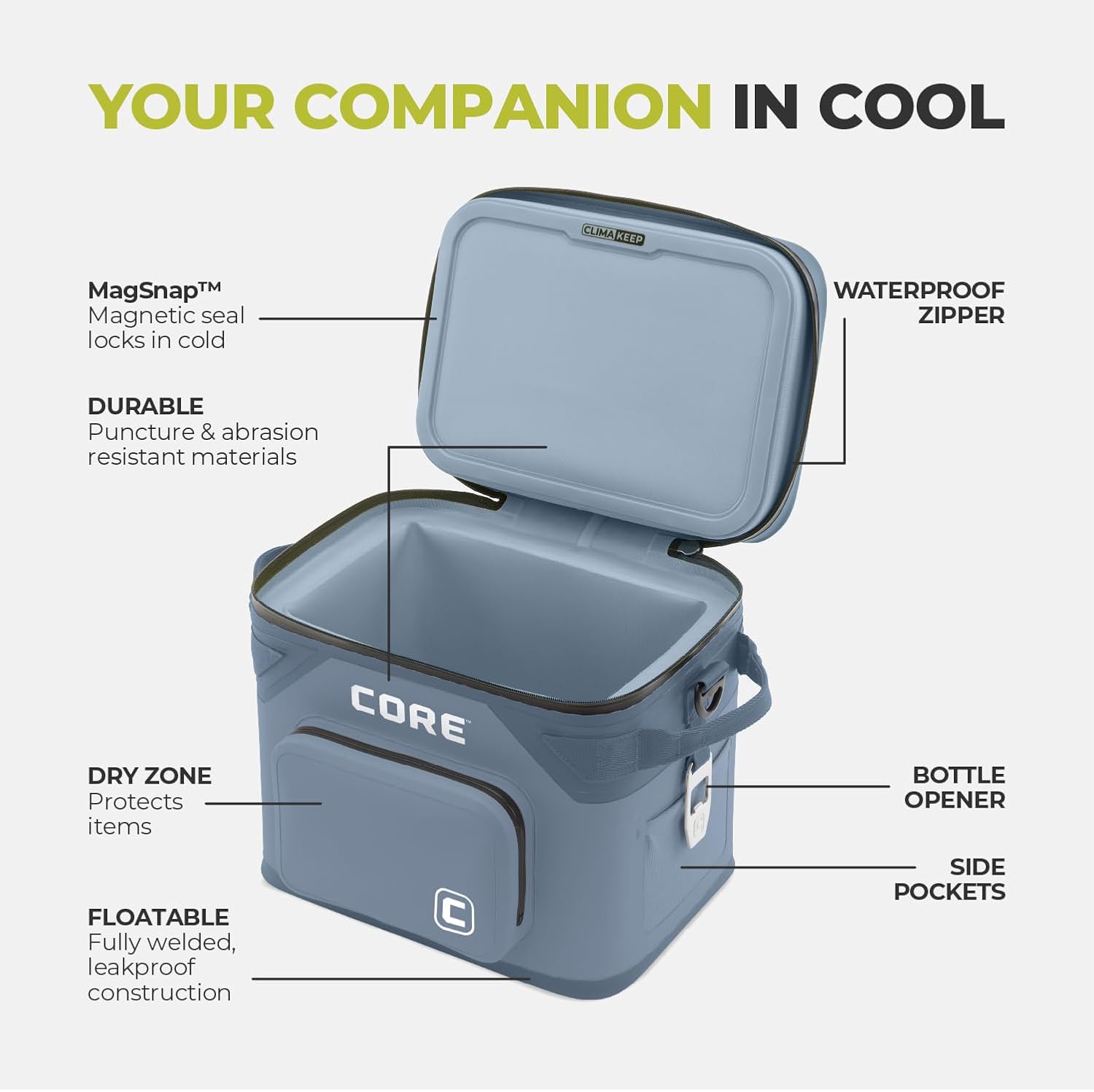 CORE 18 Can Climakeep Magnetic Soft Cooler, Leakproof Cooler, Waterproof Zipper, Steel Blue