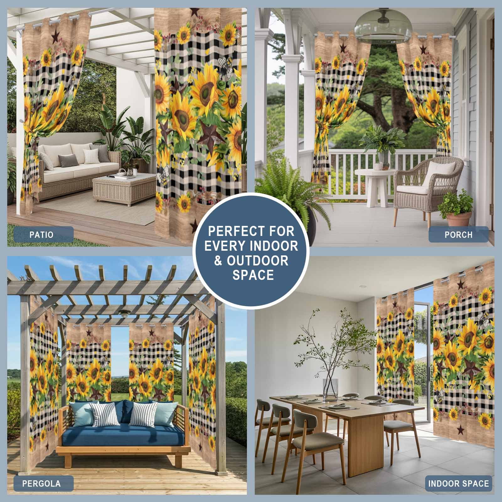 Outdoor Curtains for Patio Waterproof, Spring Sunflower Windproof Pravicy Outside Porch Blackout Curtain, Checkered Star Farmhouse Retro Sun Blocking Grommets Curtains for Cabana Gazebo 54"x108"