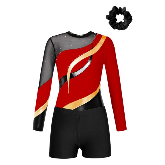 YiZYiF Kids Girls Shiny Rhinestones Gymnastic Outfit Long Sleeve Leotard with Shorts Hair Band Gym Suit Red&Black 8