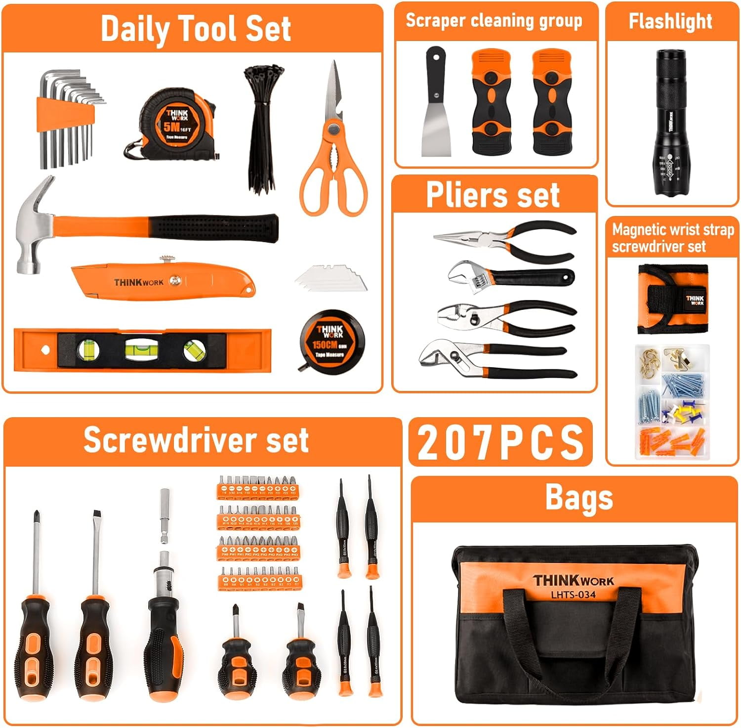 Tool Set - 207 Piece Portable Home Repairing Tool Kit,  Household Hand Tool Set with 13'' Wide Mouth Open Storage Tool Bag, Perfect for , Home Maintenance, Handyman - Gift for Men