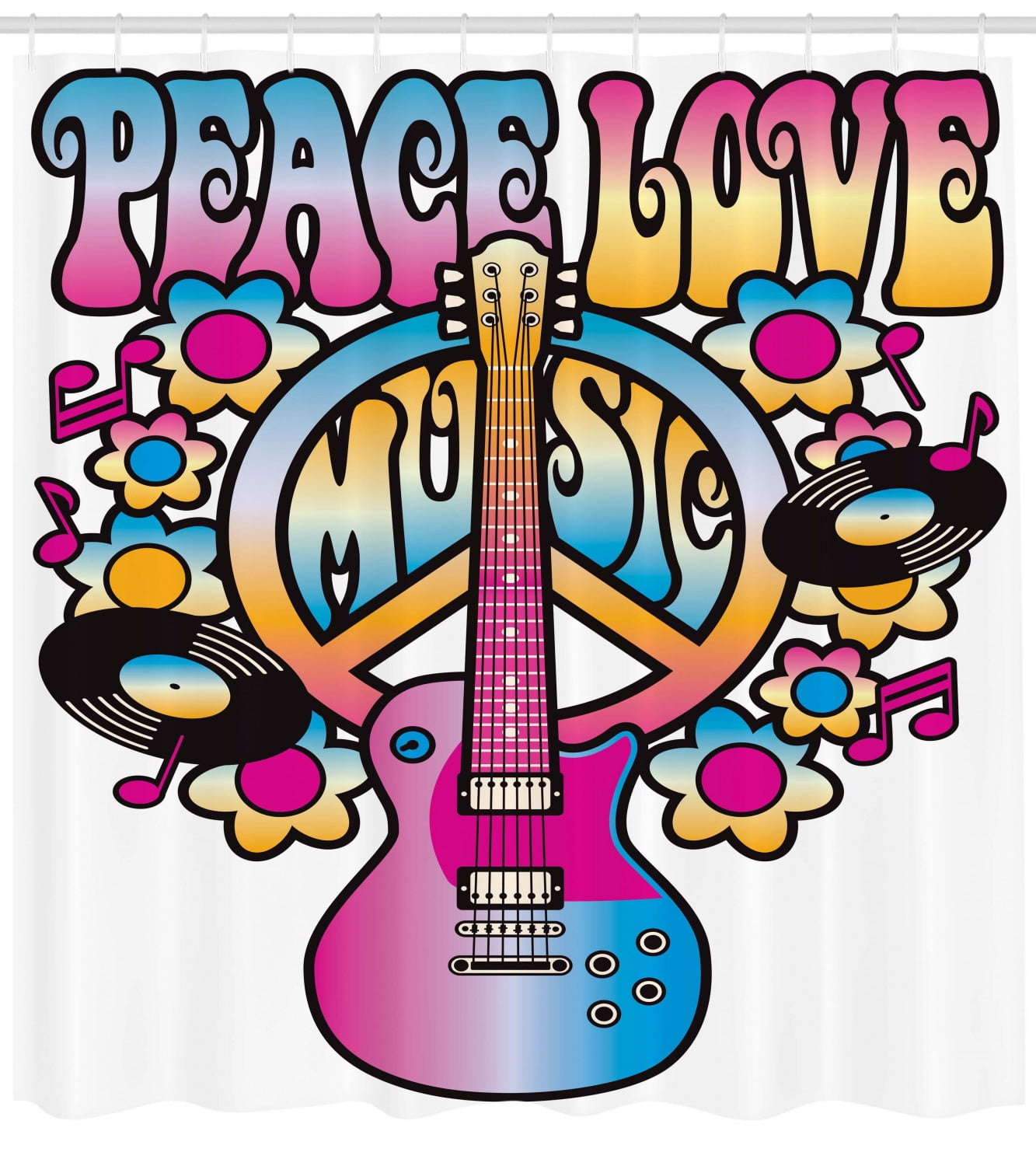 Groovy Decorations Shower Curtain Set, Peace Love Music Text With Peace