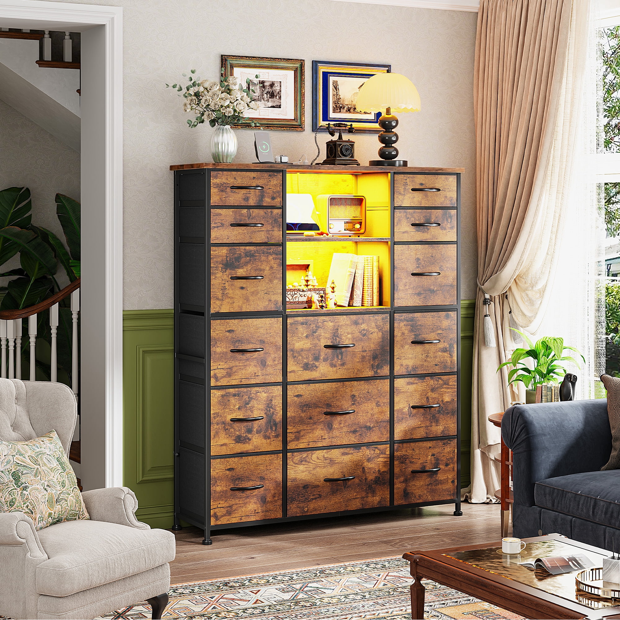 Romorgniz 51" H Dresser with 15 Fabric Drawers Tall Dresser for Bedroom with Charging Station & LED Lights, Rustic Brown