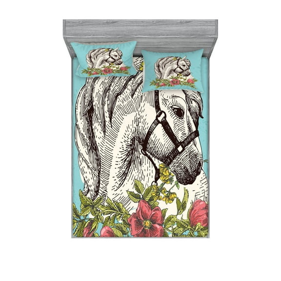 Ambesonne Floral Fitted Sheet & Pillow Sham Set, Boho Horse Poppy Portrait, Full, Apple Green and Turquoise