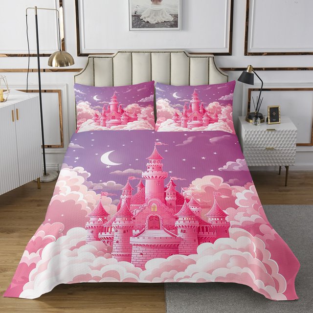 Erosebridal Girly Pink Castle Coverlet Set King, Fairy Tale Bedding Set, Princess Style Decor 3pcs
