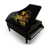 Gorgeous Black Lacquer Grand Piano with Violin & Floral Inlay Musical Jewelry Box