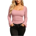 thumbnail image 4 of BRGZLK Bell Long Sleeve Shirts for Women Trendy Soft Stretchy Ribbed Knit Square Neck Slim Fit Tops for Going Out Casual Fall Winter Outfits Pink 2XL, 4 of 5