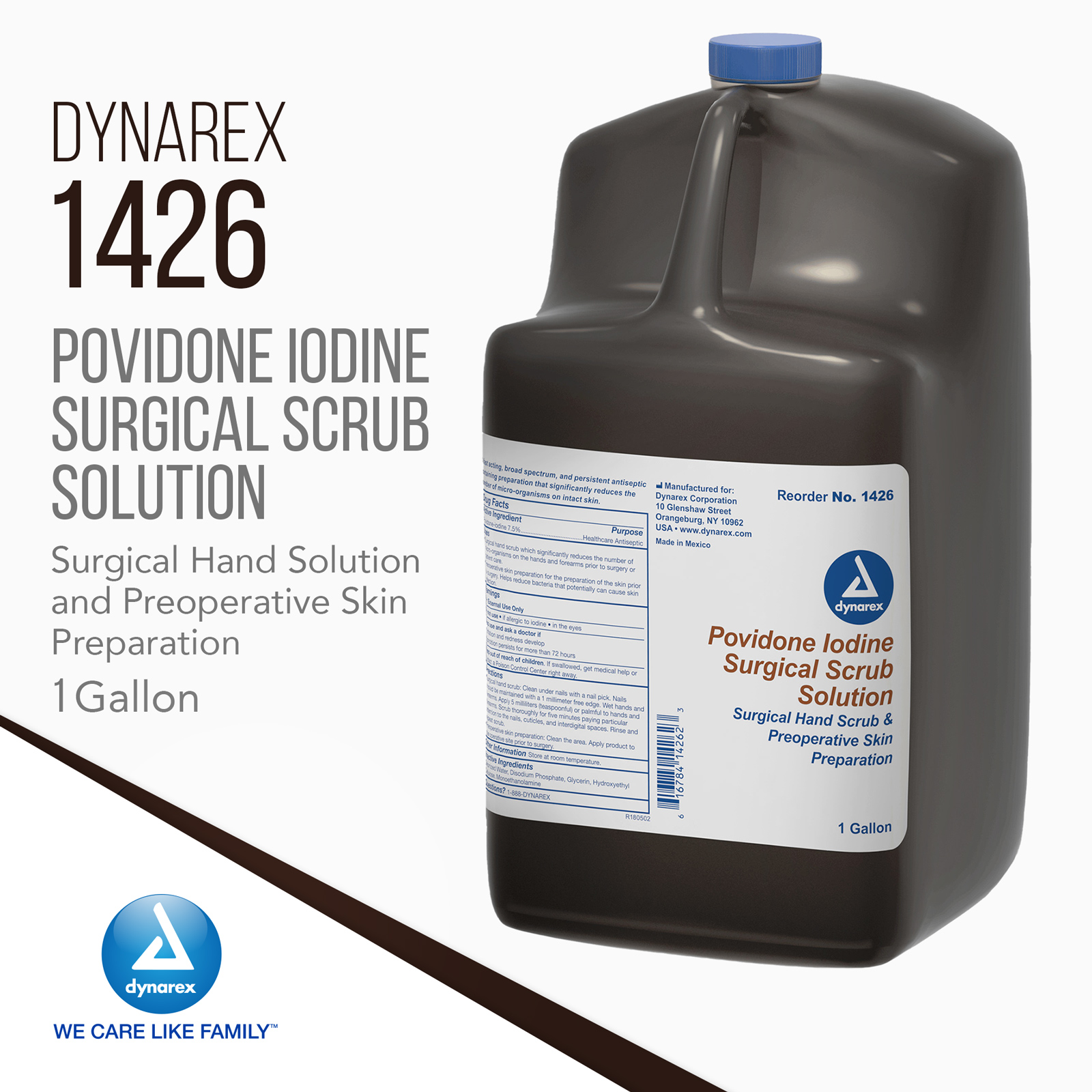 Dynarex Povidone-Iodine Scrub Solution, Antiseptic Solution for Skin and Mucosa, Ideal for Surgical Site Preparation, Contains Povidone Iodine 7.5% - 1 Case of 4 1-Gallon Bottles
