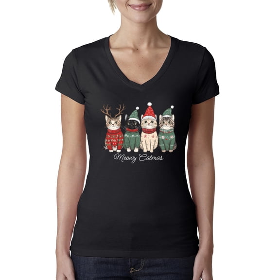 Wild Bobby Meowy Catmas, Christmas Cat Lover Design Sweater | Holiday Women Junior Fit V-Neck Tee