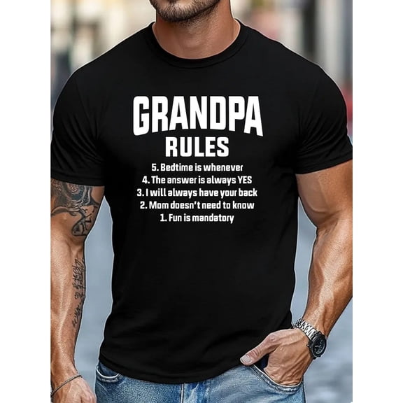 Men's "Grandpa Rules" Graphic T-Shirt - Humorous Letter Print, Breathable & Comfortable, Short Sleeve, Round Neck, Casual Summer Tee for Adults, Grandpa Gifts