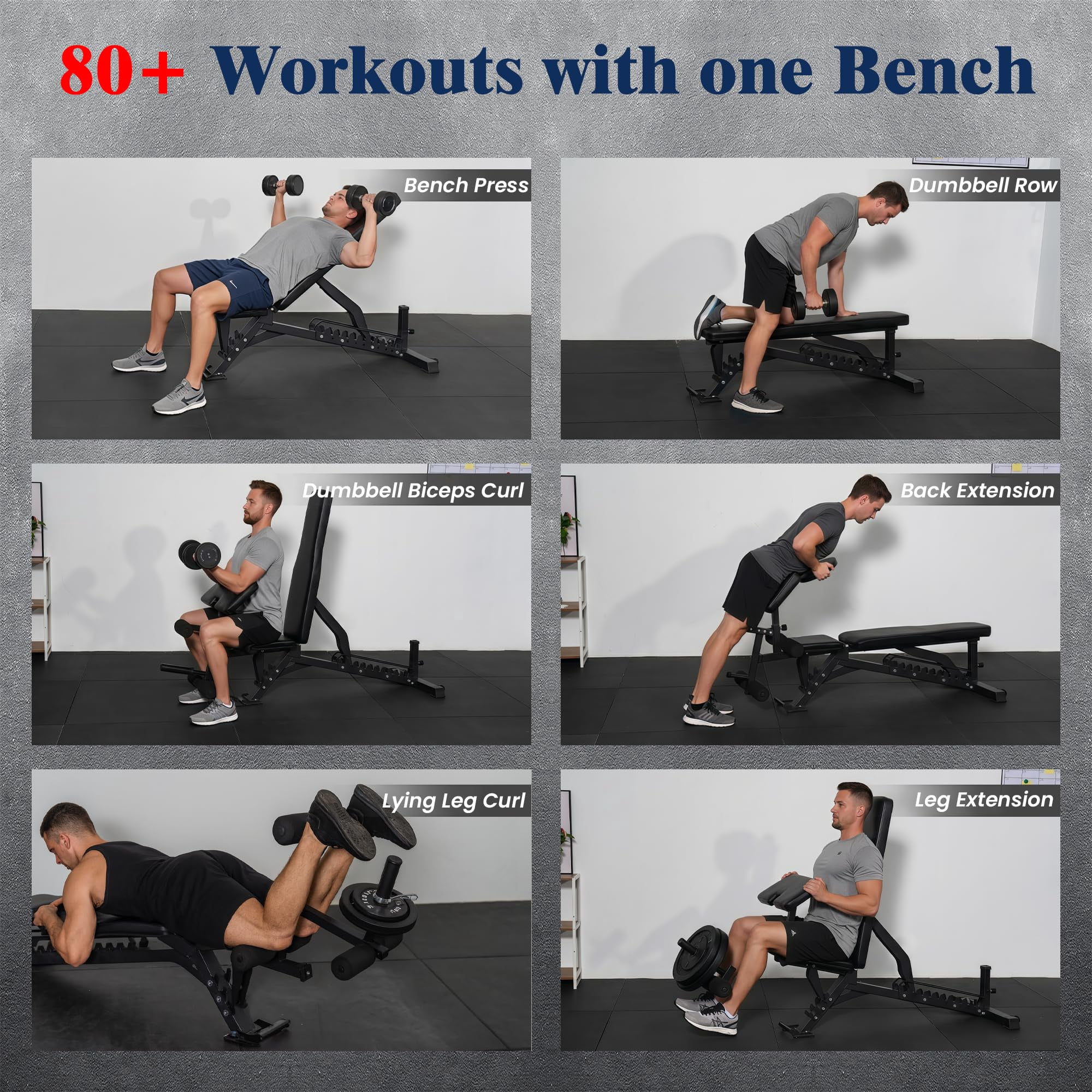 Adjustable Weight Bench, Adjustable Flat Incline Decline Home Gym Bench, Heavy-Duty 12-Gauge Steel Frame with Leg Extension and Preacher Pad for Small Space Apartment Room