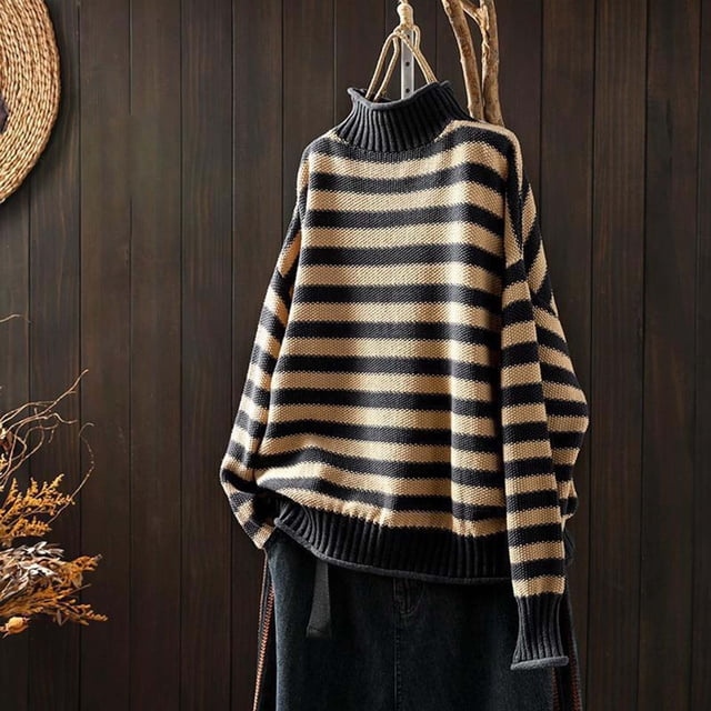 MPWEGNP Chandail Tricoté à Col Roulé Contrasté à Rayures Rétro pour Femmes, Manches Longues, Ample, Gris m