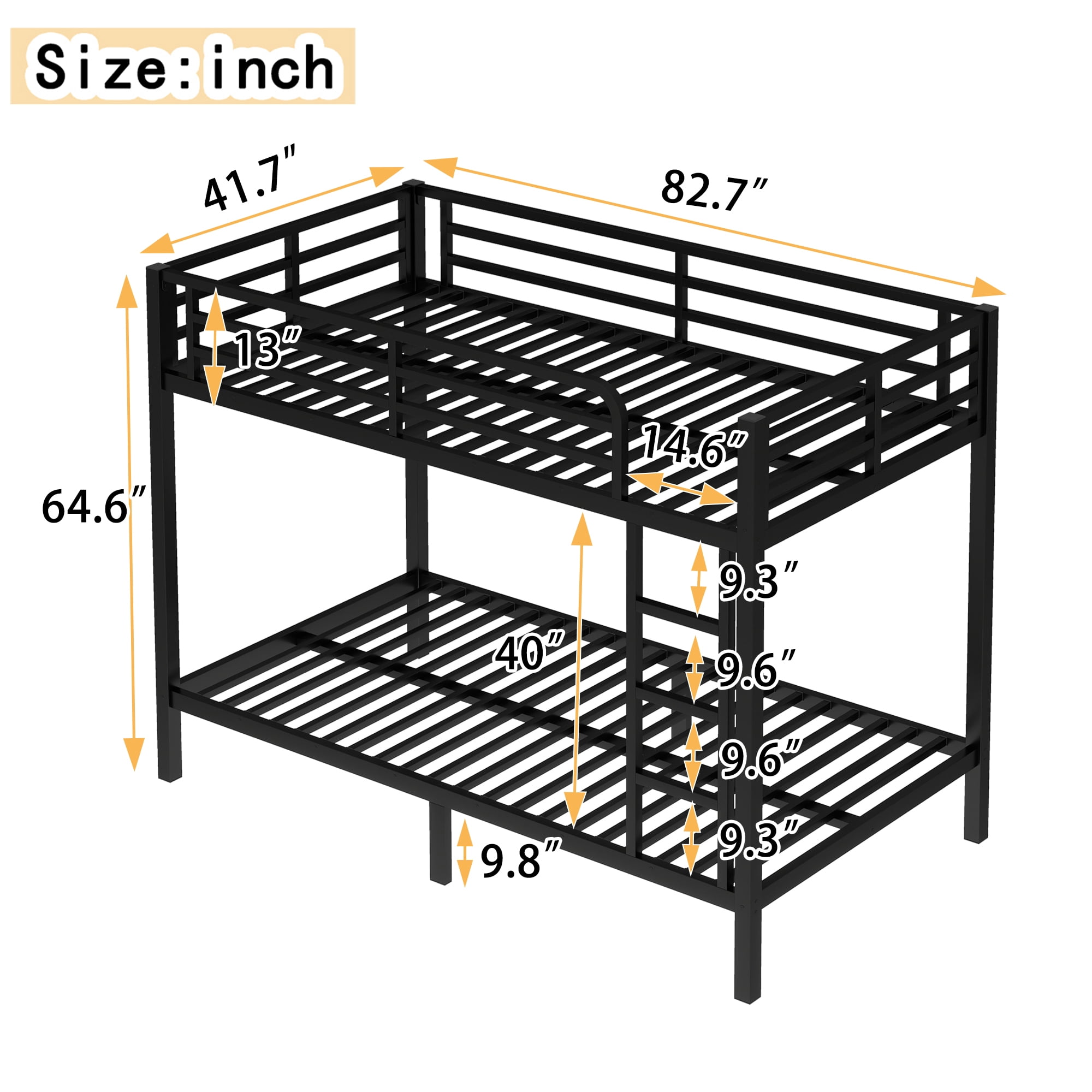 Leumius Twin over Full Bunk Bed for Teens and Adults,Heavy Duty Metal Bed Frame with 2 Side Ladders,Space-Saving/Noise Reduced/No Box Spring Needed,Black