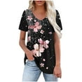 thumbnail image 2 of JTZGDY Summer Womens Floral T Shirts Vintage Printed Short Sleeve Pleated Dressy Casual V Neck Summer Graphic Tees Tops Loose Flowy Cozy Tunic Blouses Black#03 XL, 2 of 8