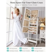 Luxfurni Standing Jewelry Armoire with LED Lights Full-Length Mirror with Jewelry Storage White Finish