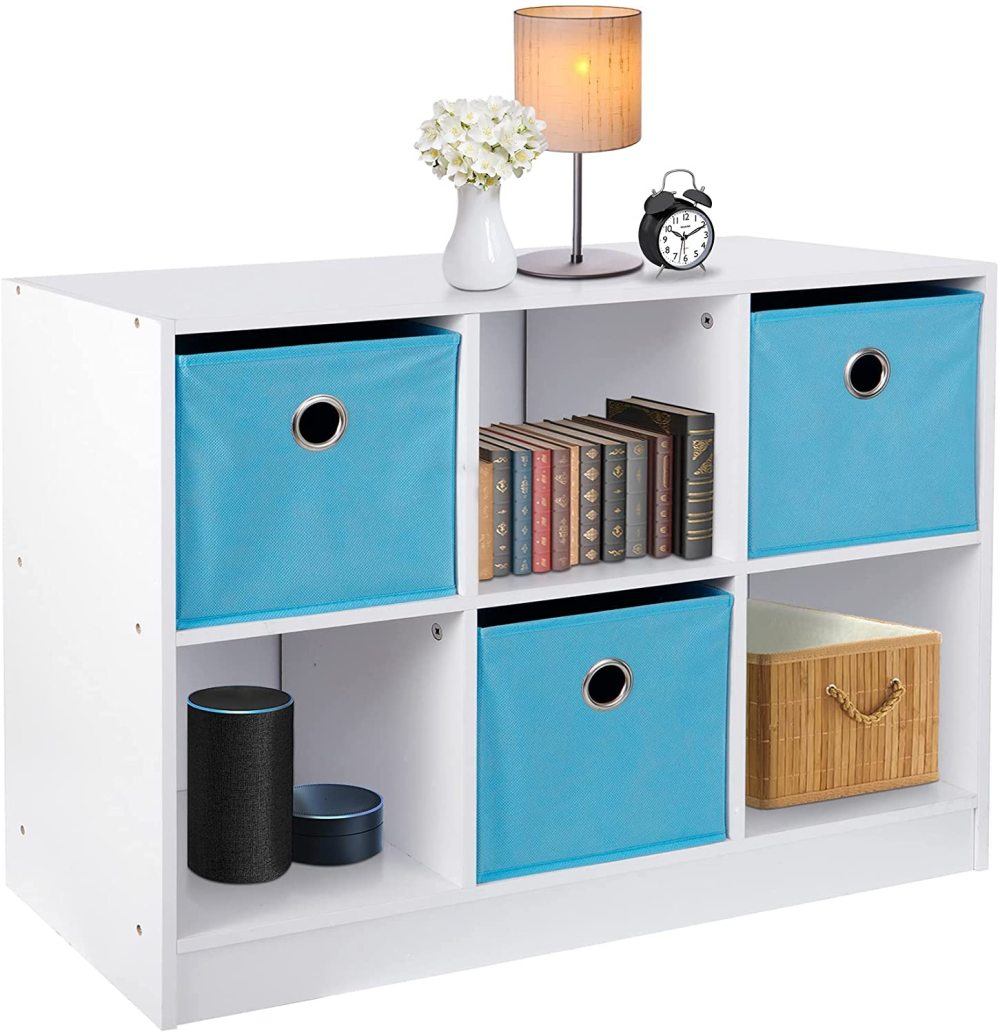 SUPER DEAL 6 Cube Storage Organizer 3x2 Wooden Cubic Bookcase with 3 Bins, Display Cube Shelf