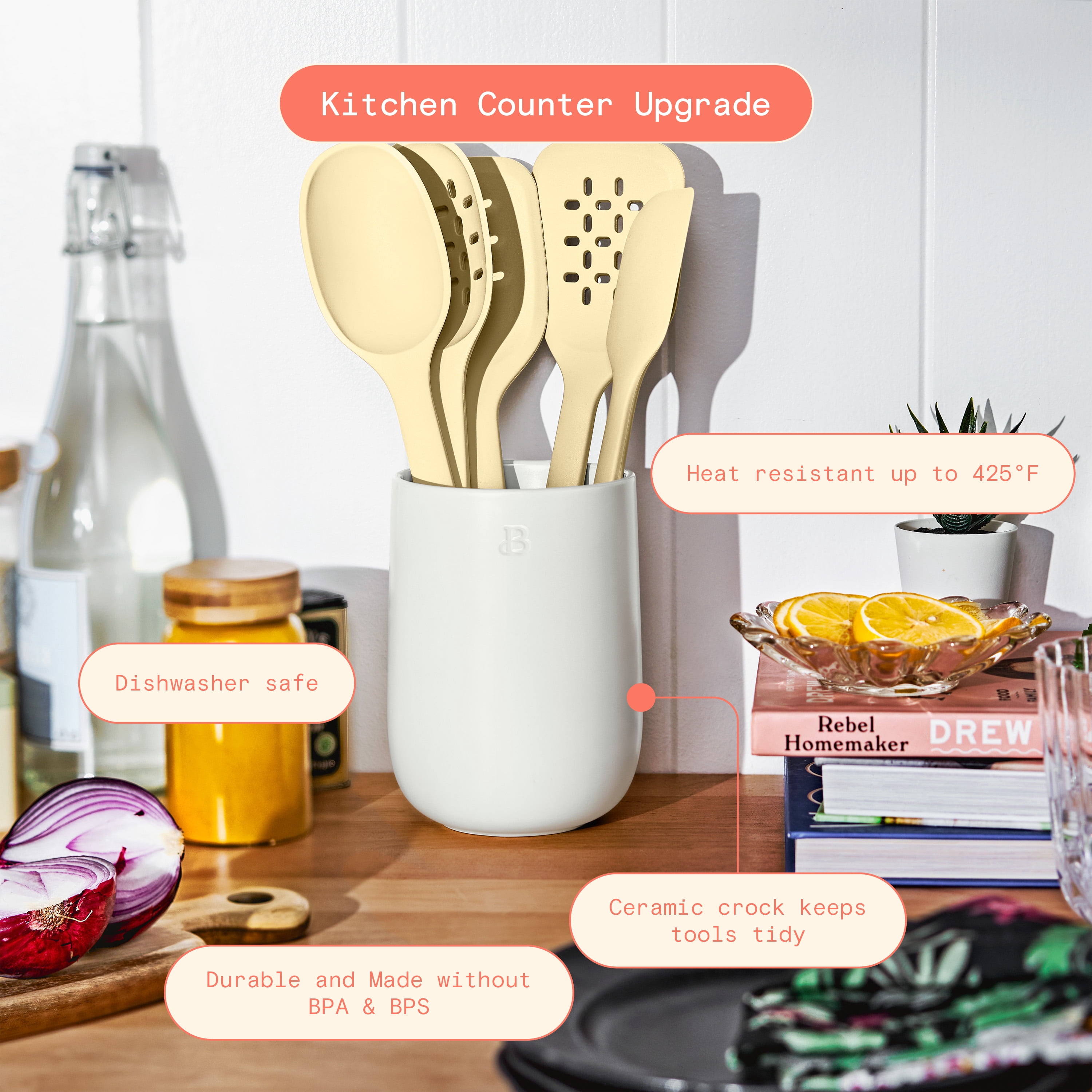 Beautiful 6-Piece Silicone Kitchen Tool Set with Ceramic Crock. Buttercream by Drew Barrymore
