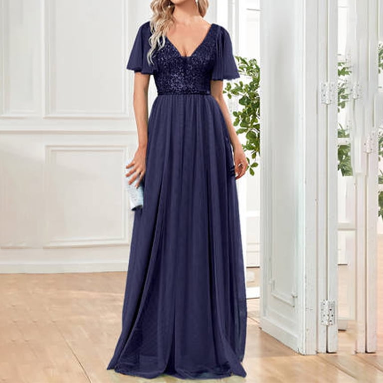Nxznwn Women's Sequin Cocktail Dress A-line V-Neck Empire Waist Ruffles  Sleeve Elastic Long Formal Dress Wedding Guest Dresses - Walmart.com