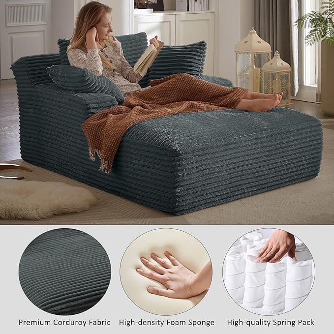 GNIXUU 50" Oversized Chaise Lounge Sofa Chair Indoor, Modern Corduroy Sleeper Sofa Cloud Couch with 3 Soft Pillows, Comfy Single Seat Floor Sofa for Living Room, Apartment, Office (Dark Grey)