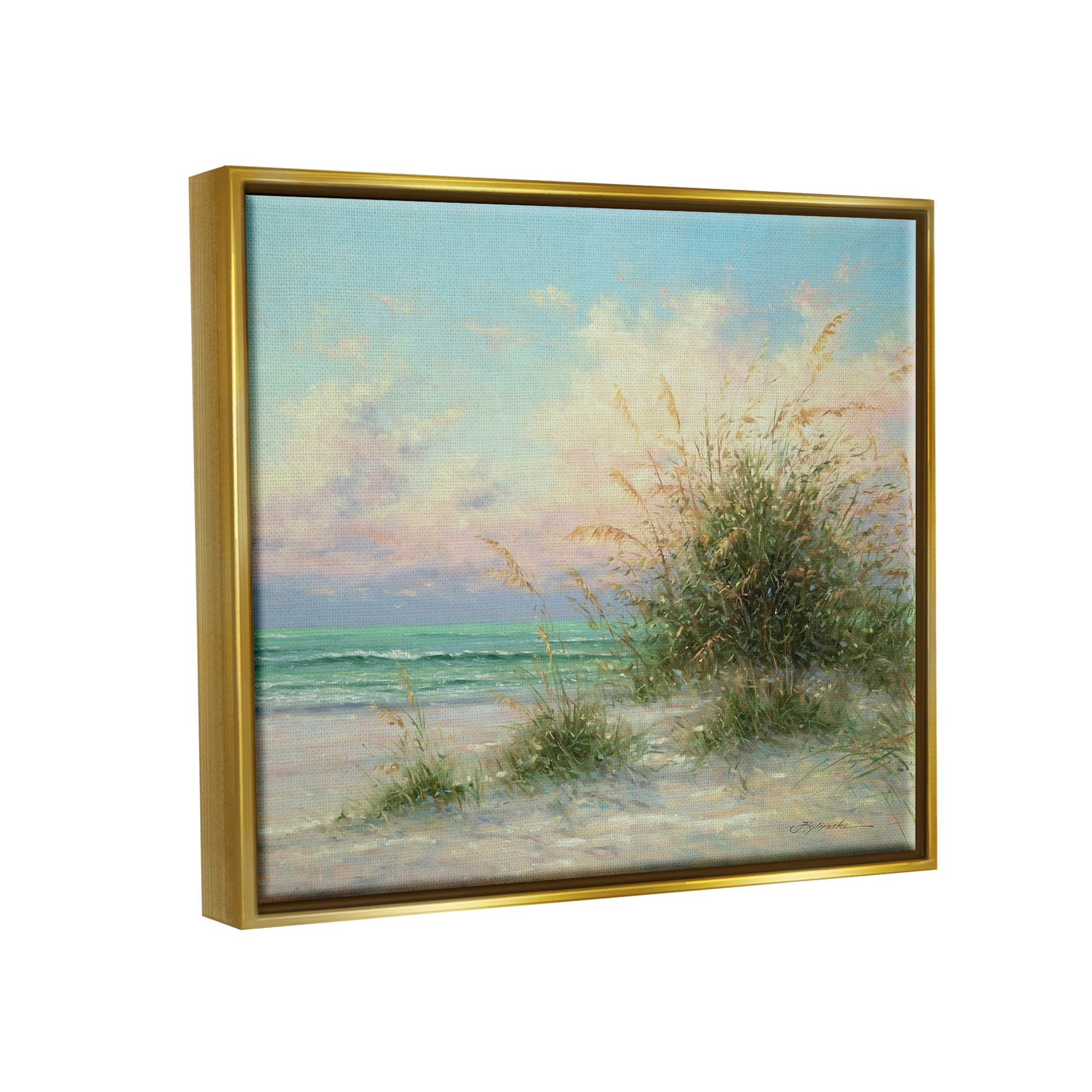 Summer Beach Grass Sea Waves Coastal Painting Metallic Gold Framed Art Print Wall Art