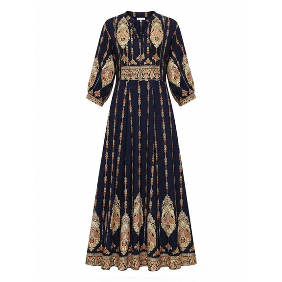 Women's Boho Paisley Print Maxi Dress Long Sleeve Notch V Neck Navy Blue Ethnic Border Swing Resort Dress
