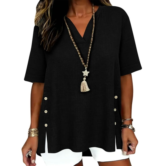 Enjoytime Short Sleeve Shirts for Women Solid Color V-Neck Slit Blouses Summer Beach Vacation Casual Tops Black S