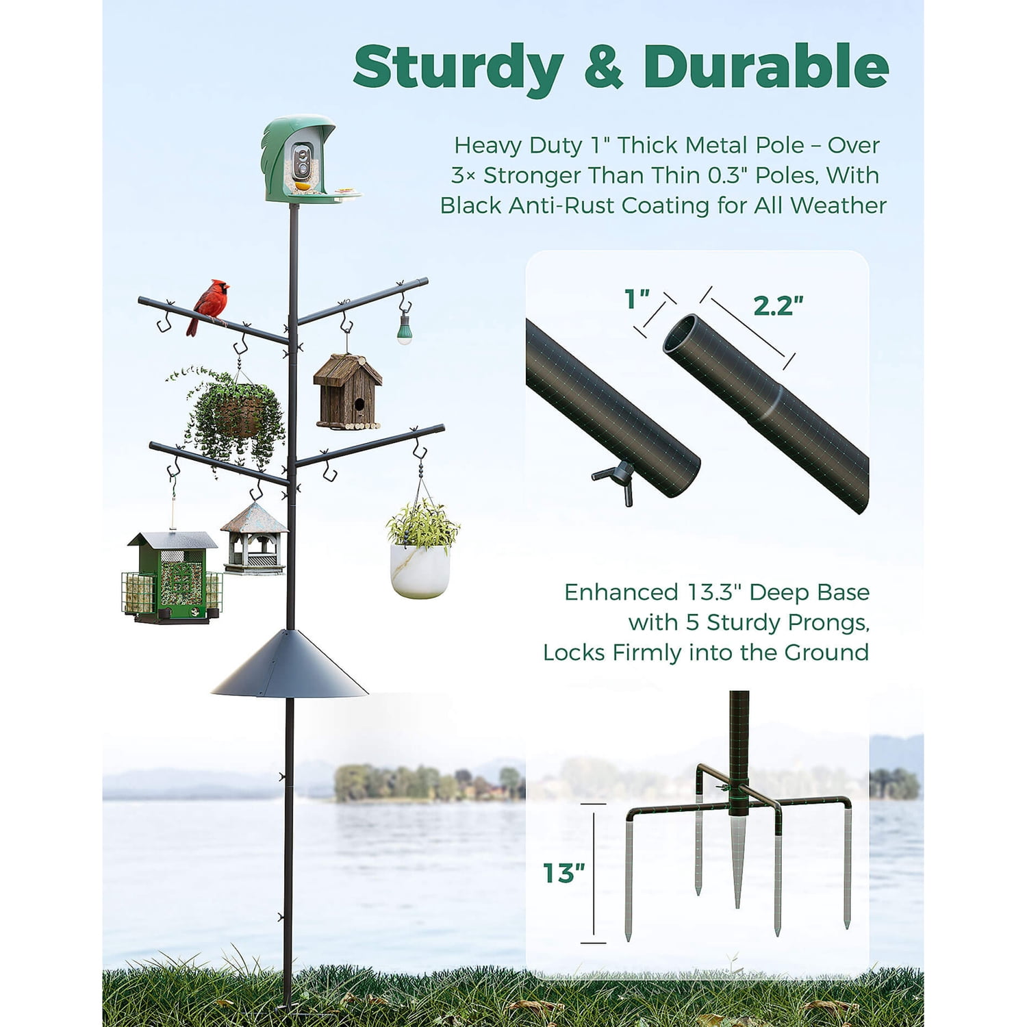 PerchMe Heavy-Duty Deluxe Bird Feeder Pole Station with Squirrel Baffle, Rotating Crossbars, and Hooks, 92-In. Max Height SF-BF-PS