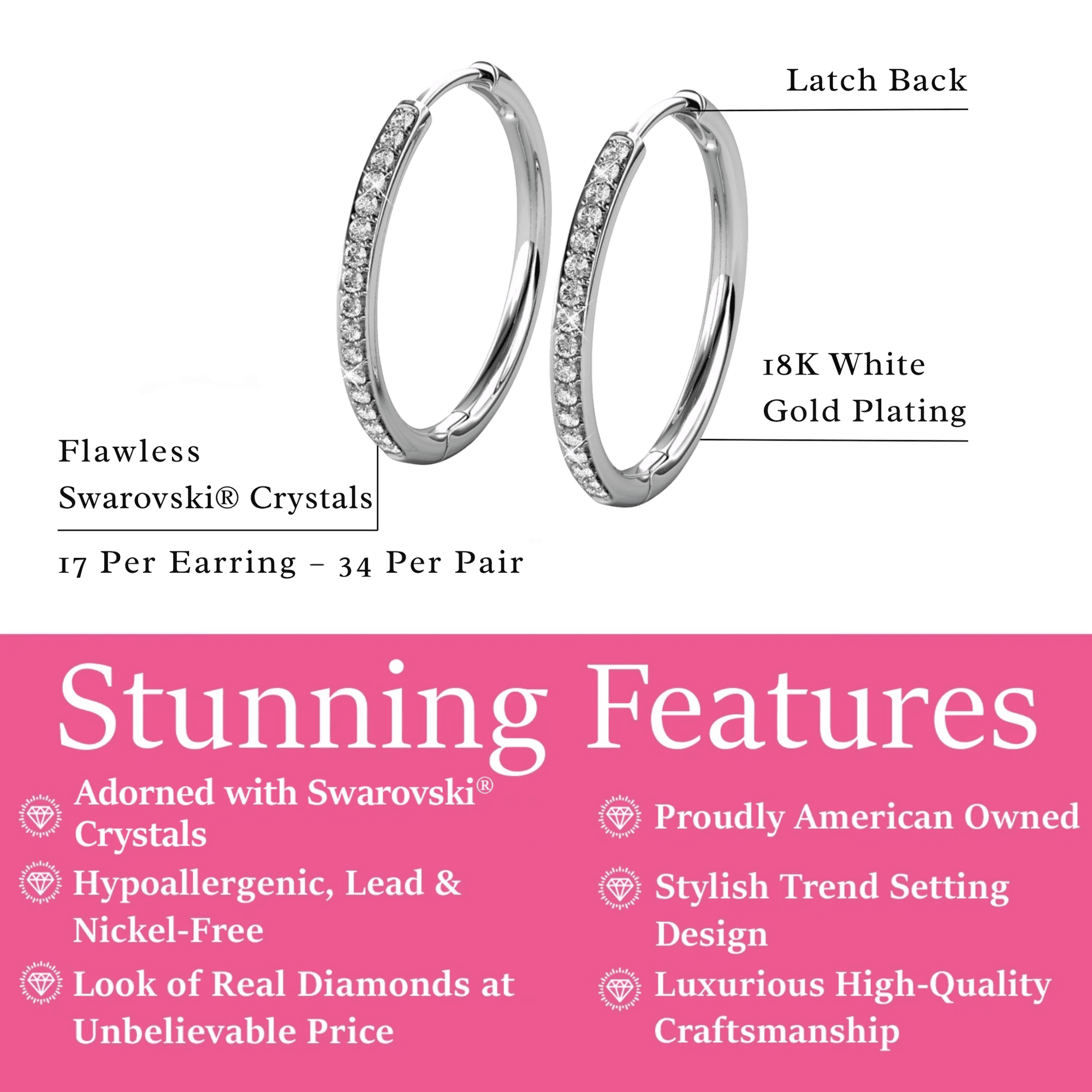 Cate & Chloe Pack of 3 - Bianca 18k Gold Plated 25mm Hoop Earrings with Swarovski Crystals for Women