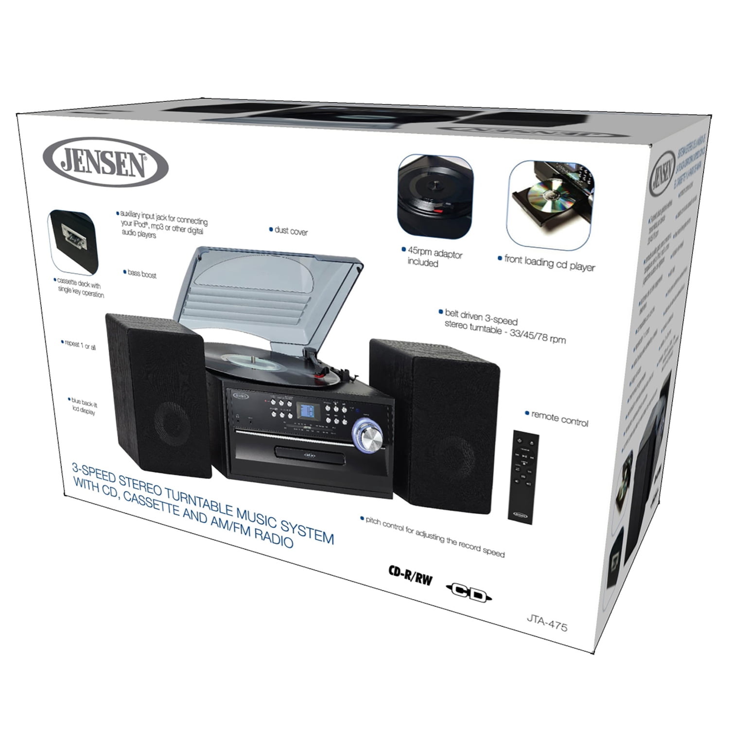 JENSEN 6-Watt-RMS 3-Speed Belt-Drive Manual Turntable with Detached Stereo Speakers, Pitch Control, CD/Cassette/AM/FM/Aux, Remote, JTA-475