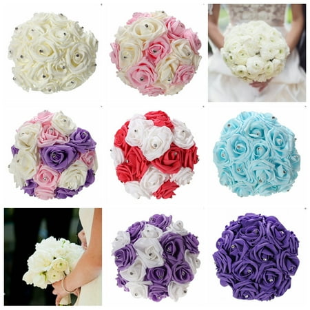 Hope Rhinestone - 17 Head Artificial Fake Silk Roses Flower Bridal Rhinestone Crystal Bouquet Bouquet Artificial Rose Home Garden Party Wedding Decoration