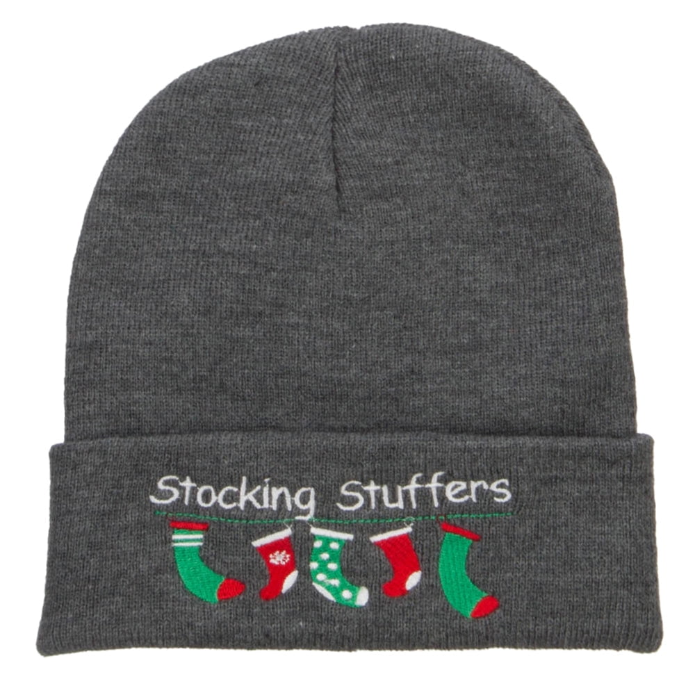Christmas Stocking Stuffers Embroidered Long Beanie - Dk Grey OSFM