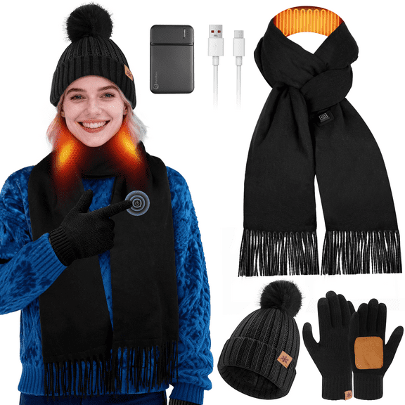 Heated Scarf Gloves Headband Set for Women&Men with Rechargeable 5000mAh Battery Pack, Chenille Winter Hats Fleece, Warmer Knit Scarf, Touchscreen Gloves, 3 in 1Christmas Gift,Black