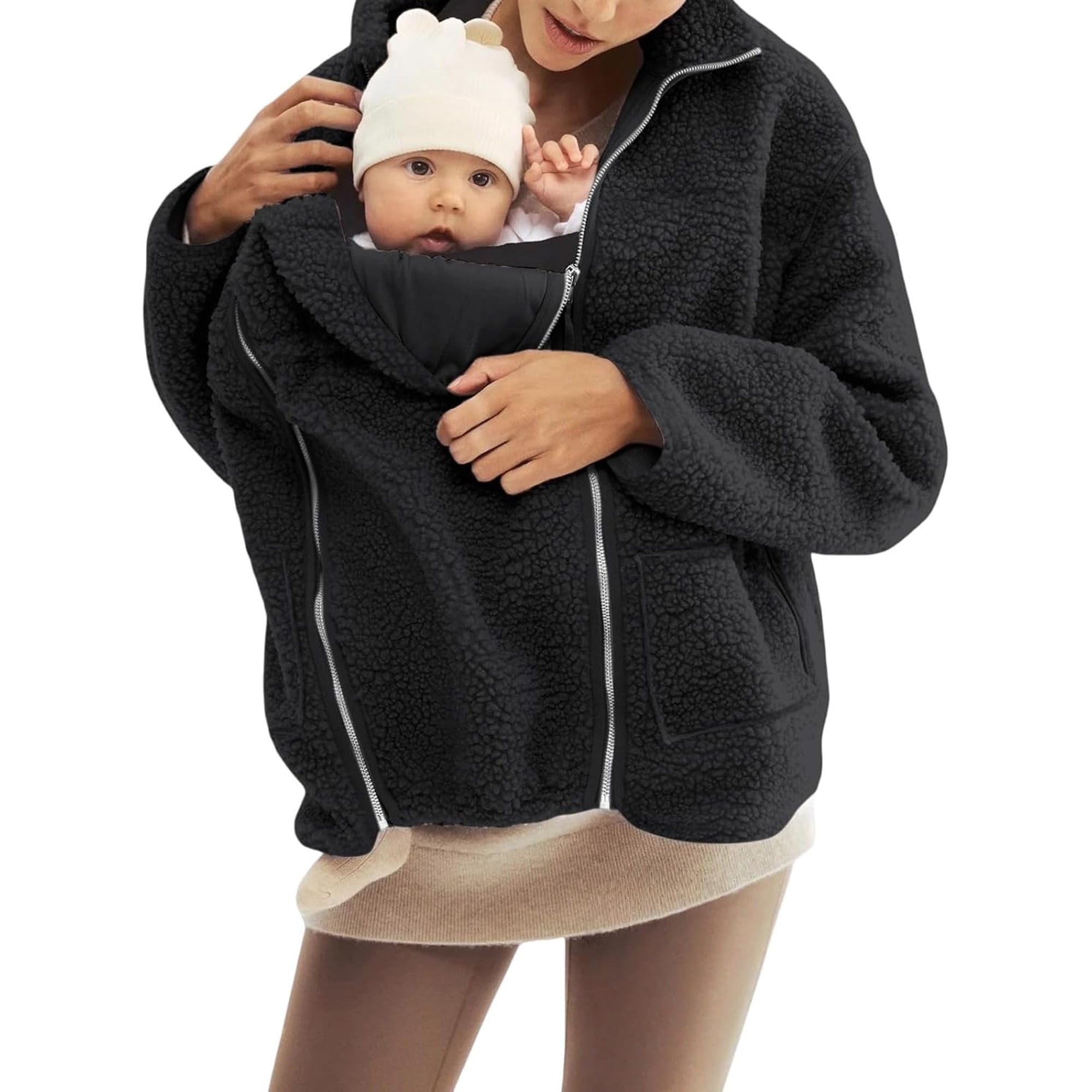 Maternity Baby Wearing Jacket, Women's 2-in-1 Winter Coat with Kangaroo Pocket, Heavyweight Fleece Zip Up Front for Mother and Infant