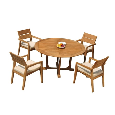Grade-A Teak Dining Set: 4 Seater 5 Pc: 60" Round Table And 4 Vellore Stacking Arm Chairs Outdoor Patio WholesaleTeak #51VL1205