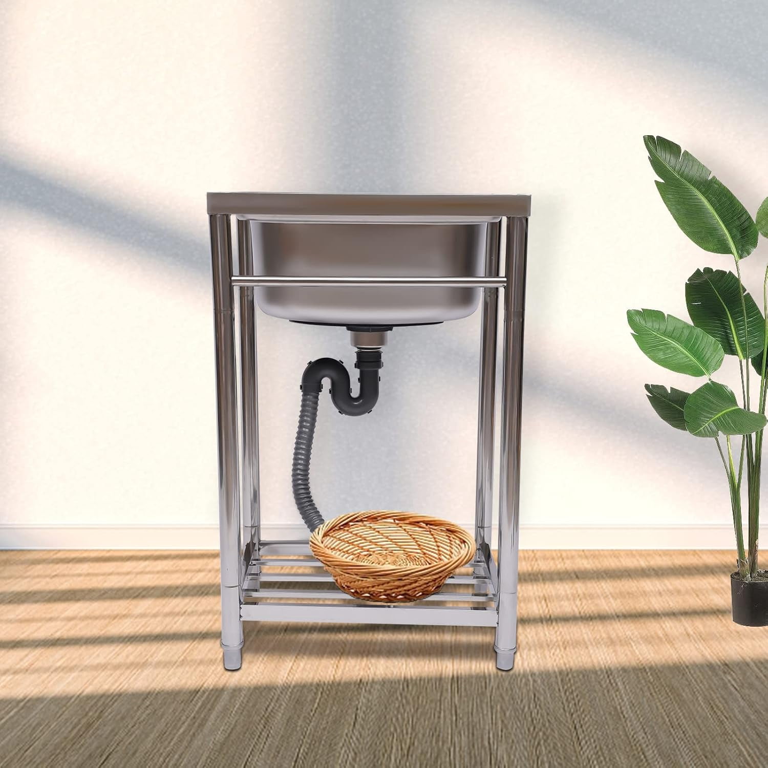 Free Standing Stainless Steel Utility Sink, Single Bowl Commercial Restaurant Kitchen Sink Set with Water Hose and Storage Shelve, 17 x 13 x 8 Inch Inner Sink