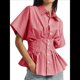 thumbnail image 3 of Camisas A Rayas con Botones para Mujer, Blusa Plisada de Corta con Corsé, Informal, de Verano. Rayas Rojas XL, 3 of 7