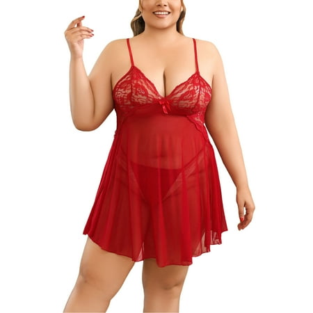 BYHONG Womens Plus Size Lingerie Lace Chemise Sexy Mesh Sleepwear Deep V Teddy Nightdress for Sexy Sexy Underwear Red XL