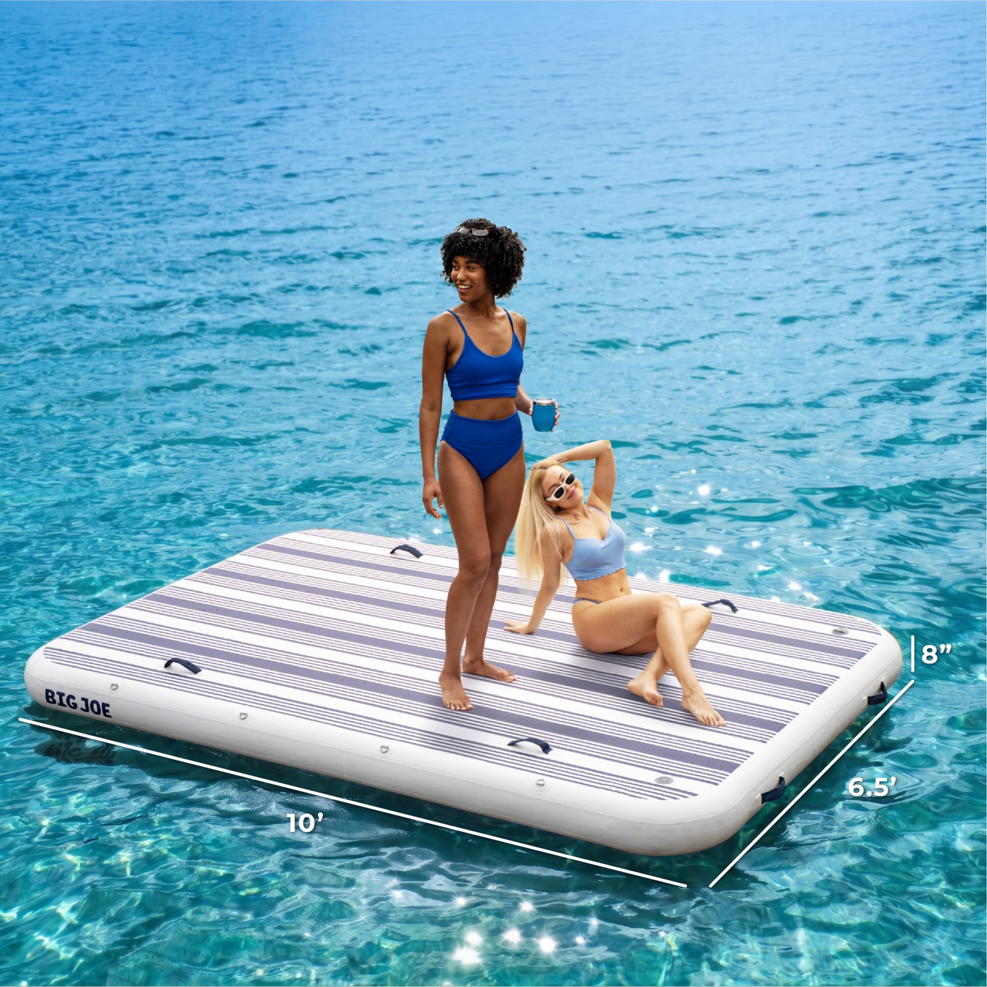 Big Joe TidalJoy 10' x 6.5' Inflatable Floating Dock for Adults, Heavy Duty Lake Platform & Boat Raft with Handles, Navy Stripe